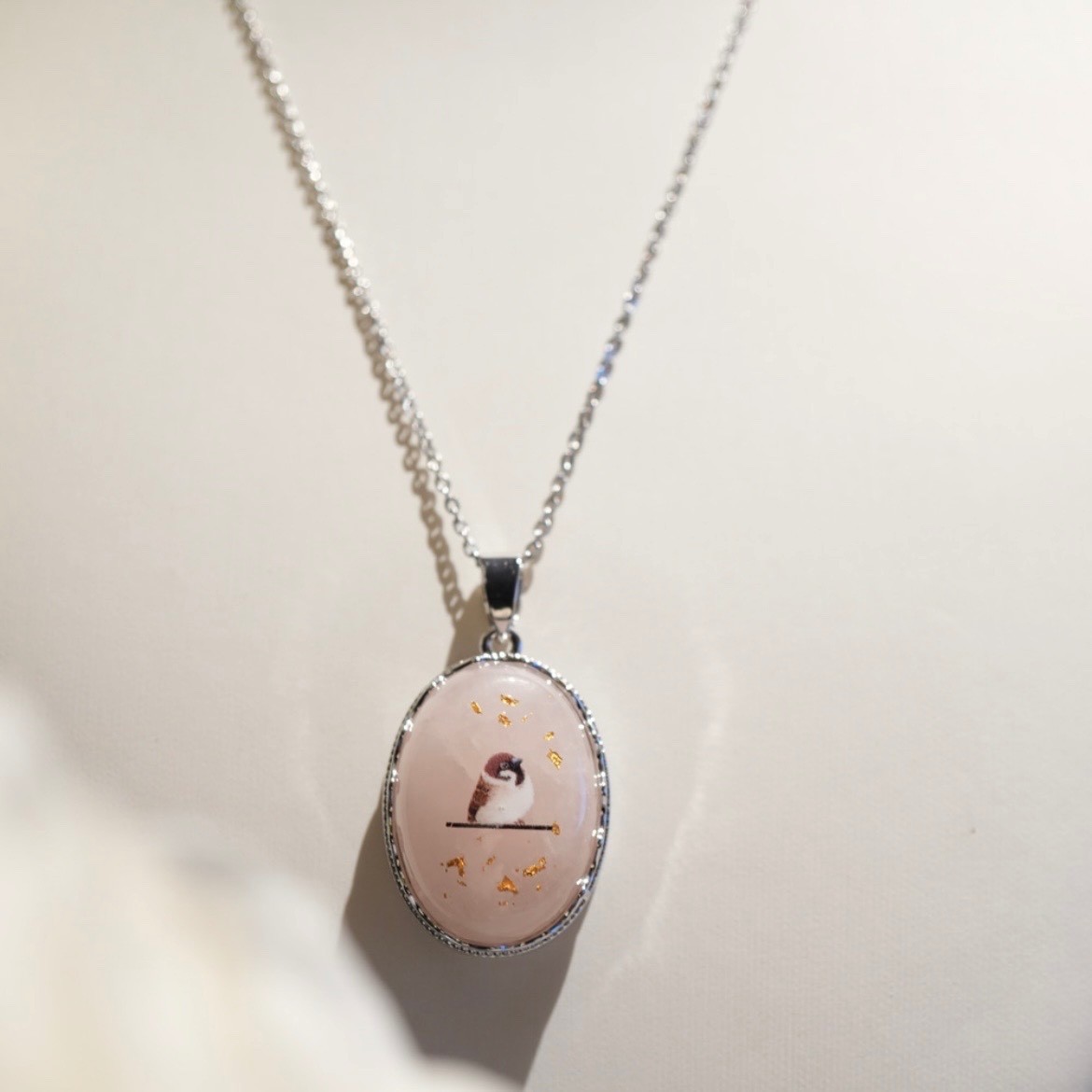 Rose Quartz Sparrow Necklace with Kanazawa Gold Leaf – October Birthstone, Japan