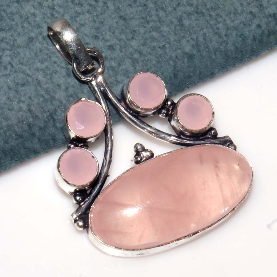 Exclusive Rose Quartz Pink Chalcedony 925 Silver Plated Pendant 1.6″ Trendy JW