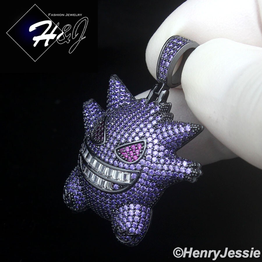 MEN 925 STERLING SILVER ICY PURPLE CZ 3D BLACK PLATED HIPHOP GENGAR PENDANT*P504