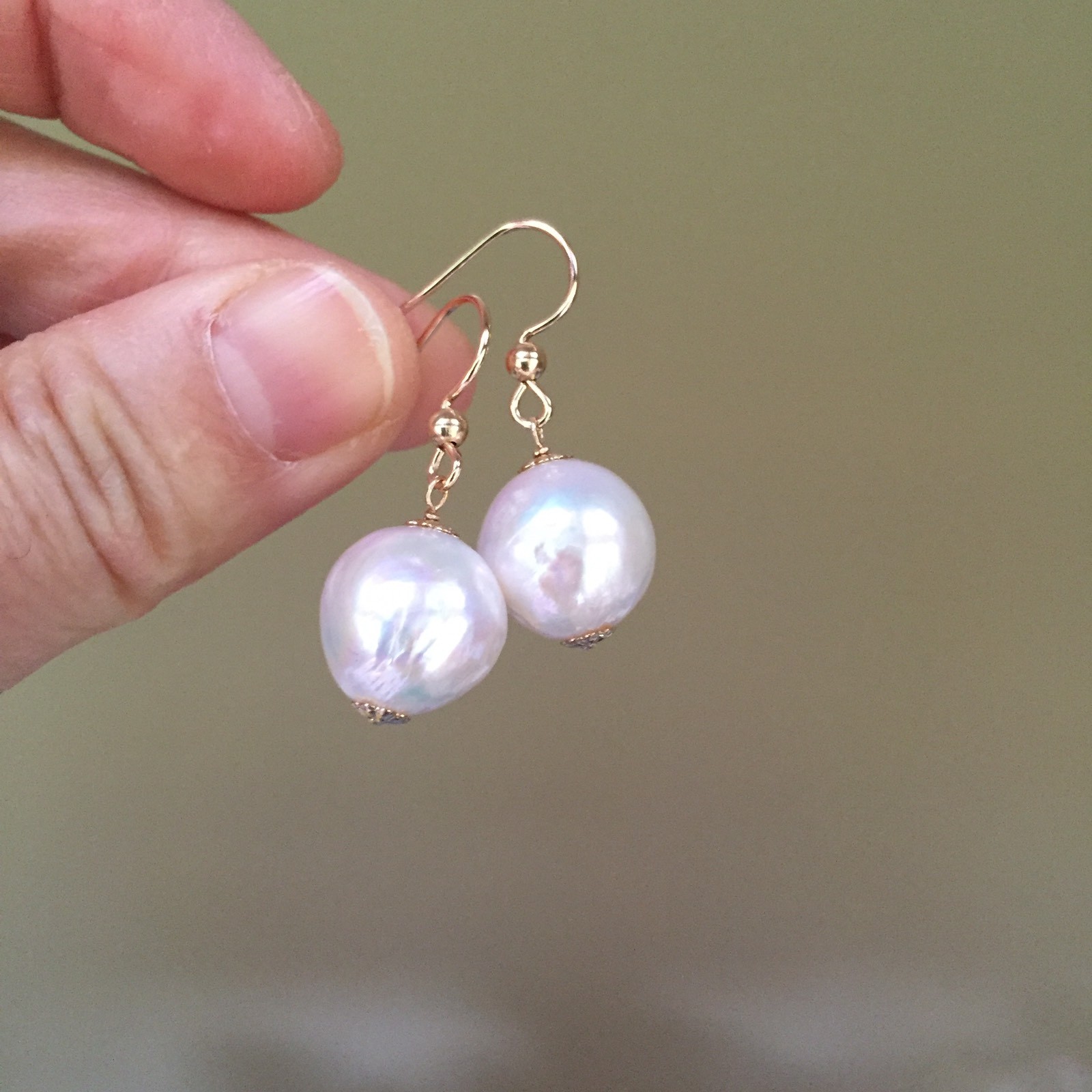 12-13mm Baroque Kasumi pearl 100% Natural White 14K Gold Filled earring 32mm E84