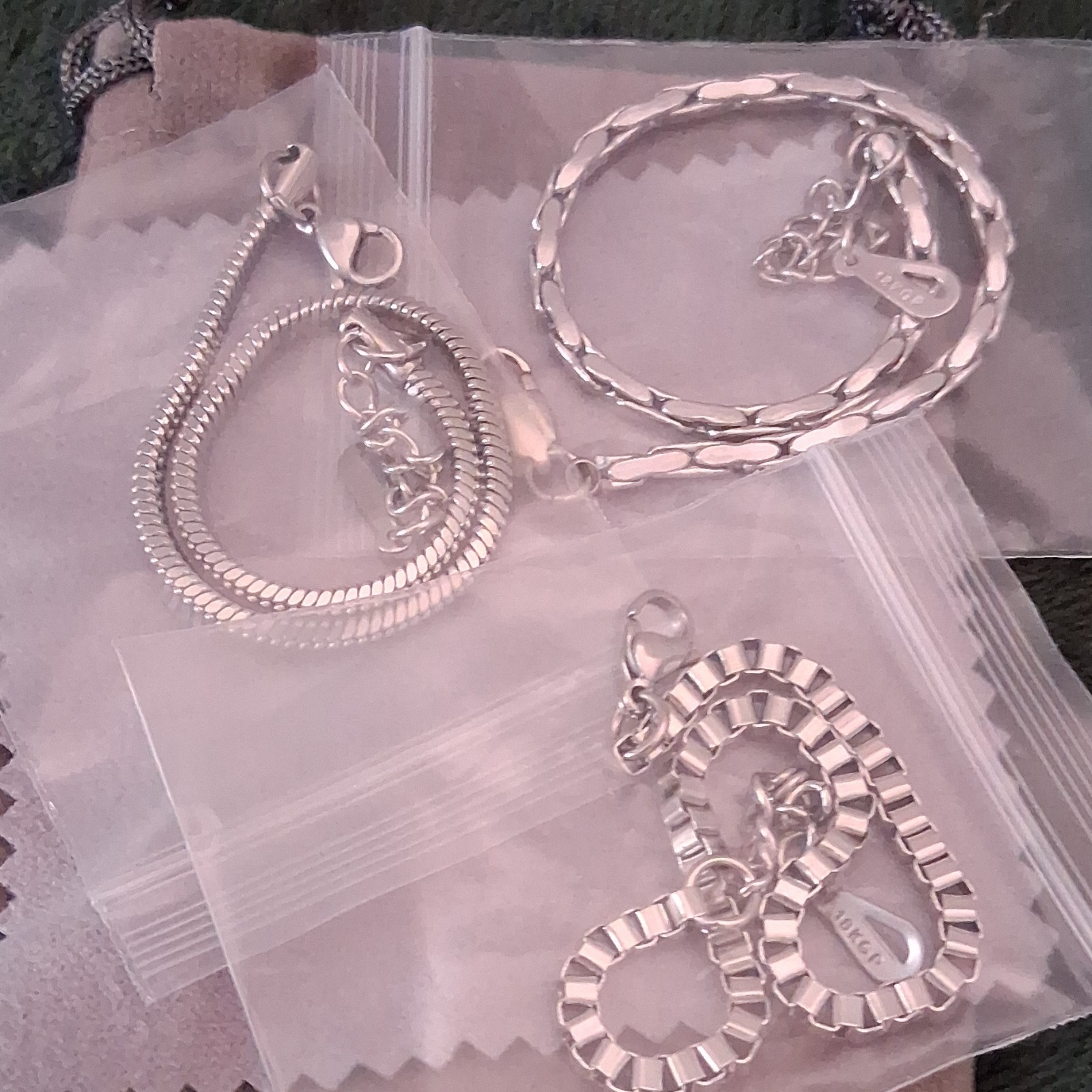 Lot of 3 Silver Tone Chain Bracelets, Snake/Oval/Geometric Links, Heart Charm