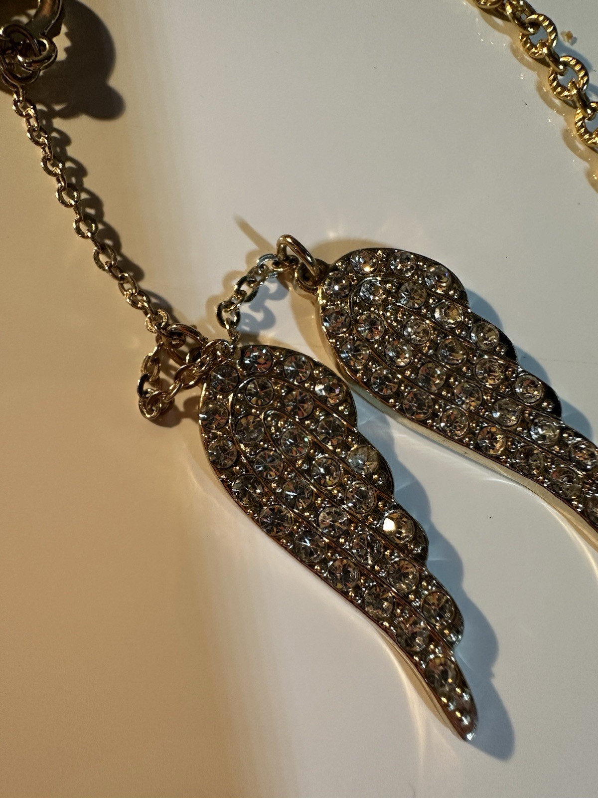 Lot of 2 Crystal Rhinestone Angel Wing Pendant Necklaces, Silver & Gold Tone