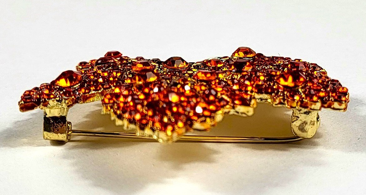 48mm Red Orange Rhinestone Maple Leaf Brooch Fashion Lapel Pin Badge + Gift Box