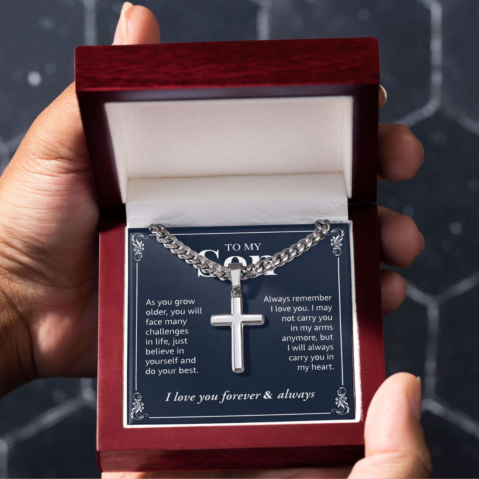 To My Son Cross Necklace Cuban Link Chain, Faith Jewelry Bday Baptism Religious