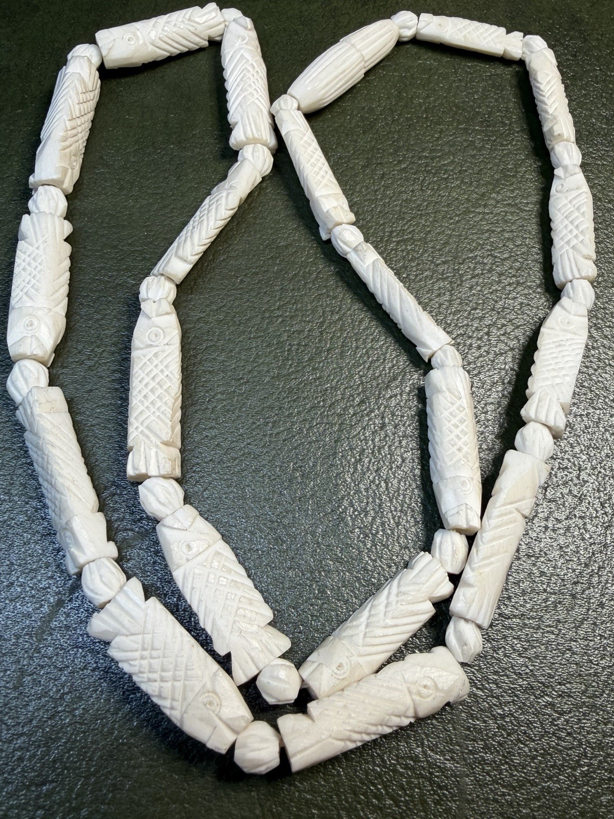 White Carved Bone Beaded Strand Necklace Ball/Bead Chain Screw Closure