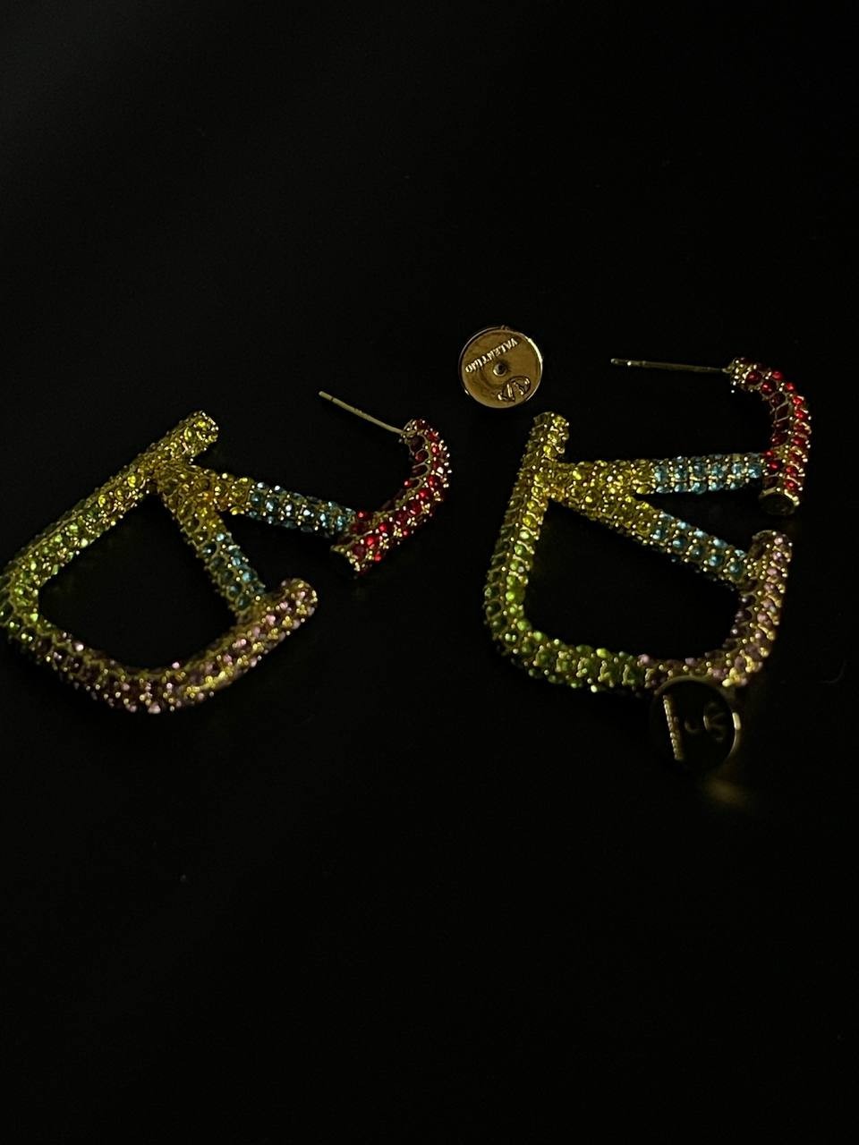 Vintage Valentino Rainbow Crystal V Logo Hoop Earrings