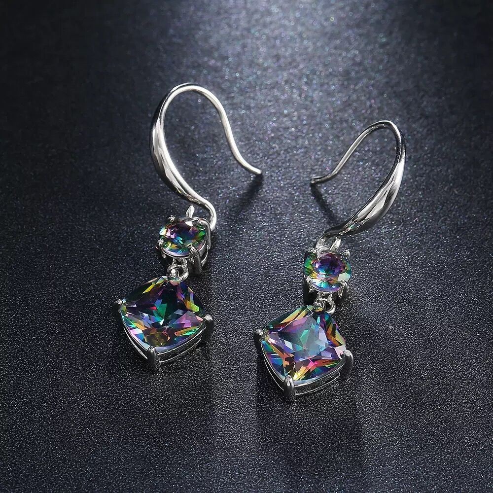 Mother’s Day Jewelry Square Rainbow Mystic Topaz Silver Dangle Hook Earrings