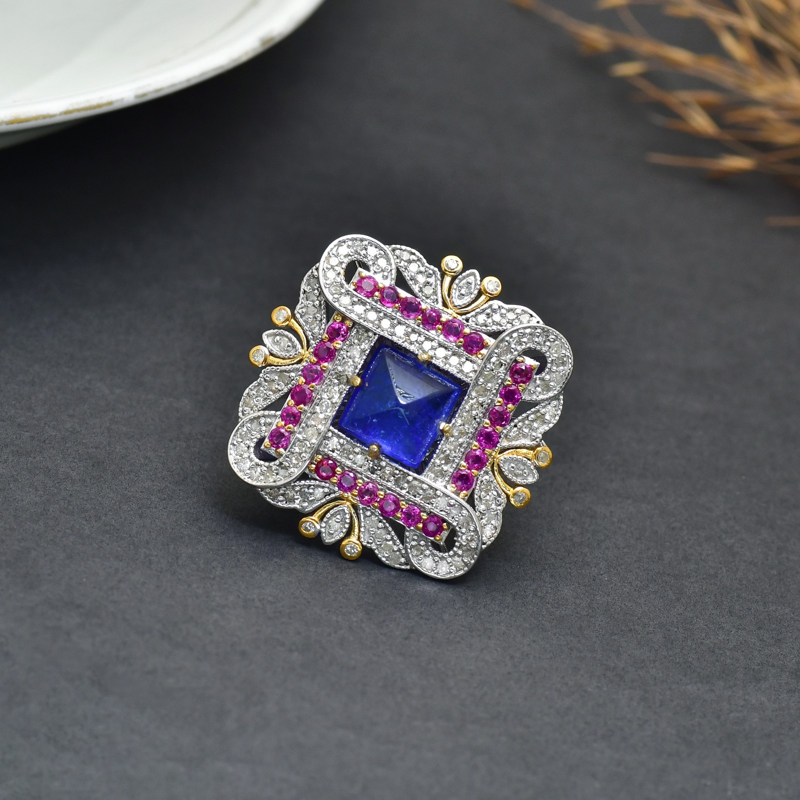 Ruby Diamond Ring,Tanzanite Pave Diamond Ring, Tanzanite Diamond Ring Jewelry