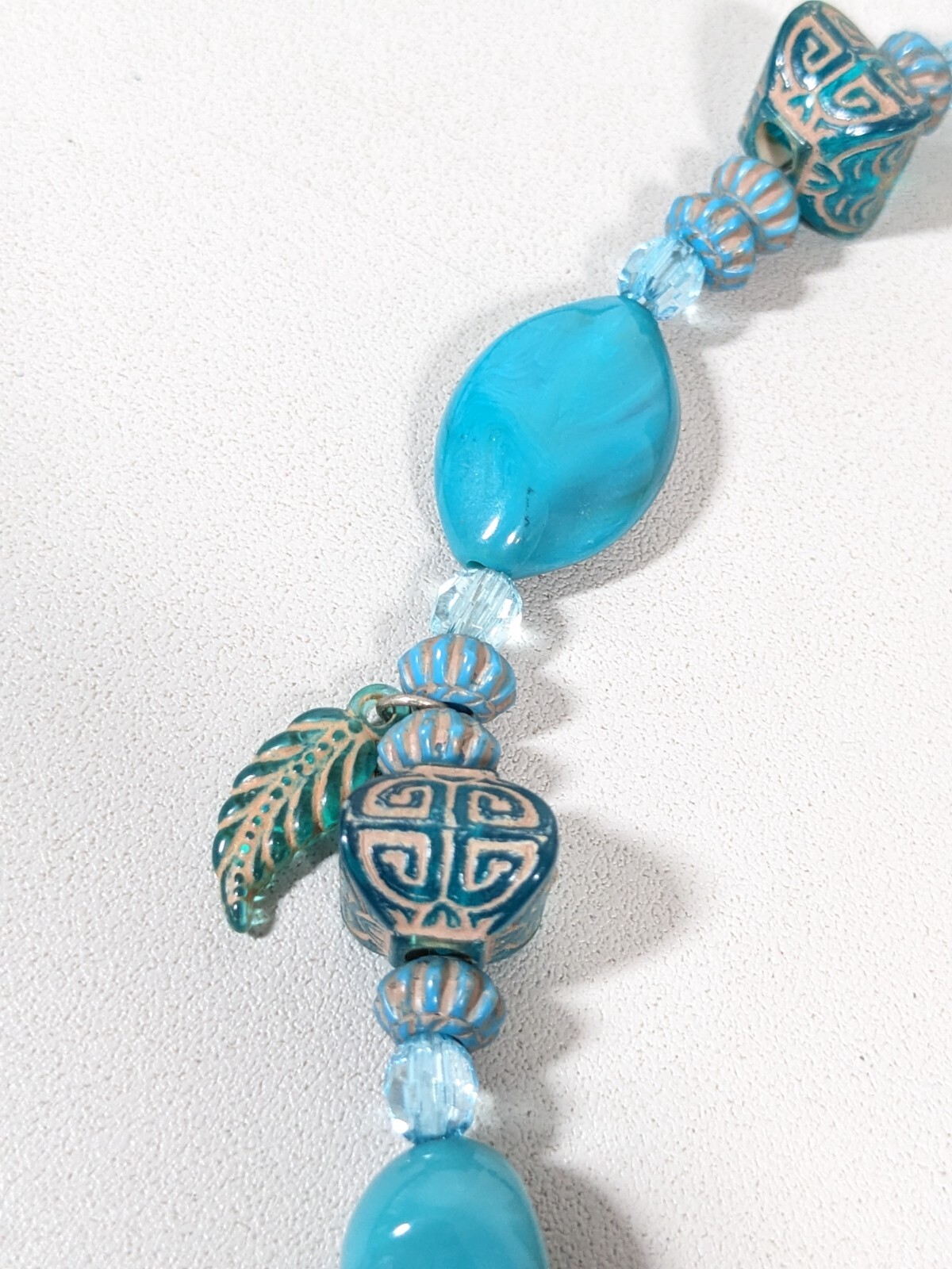 Beach Coastal Boho Blue Acrylic Leaf Charm Bead Bali Style Necklace 18.5 inches