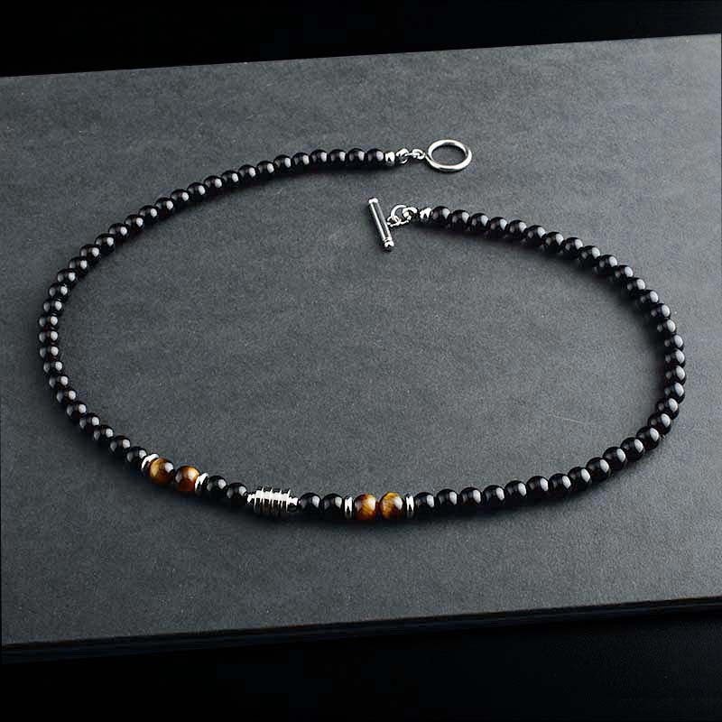 Black Agate Crystal Bead Men Necklace in Stainless Steel