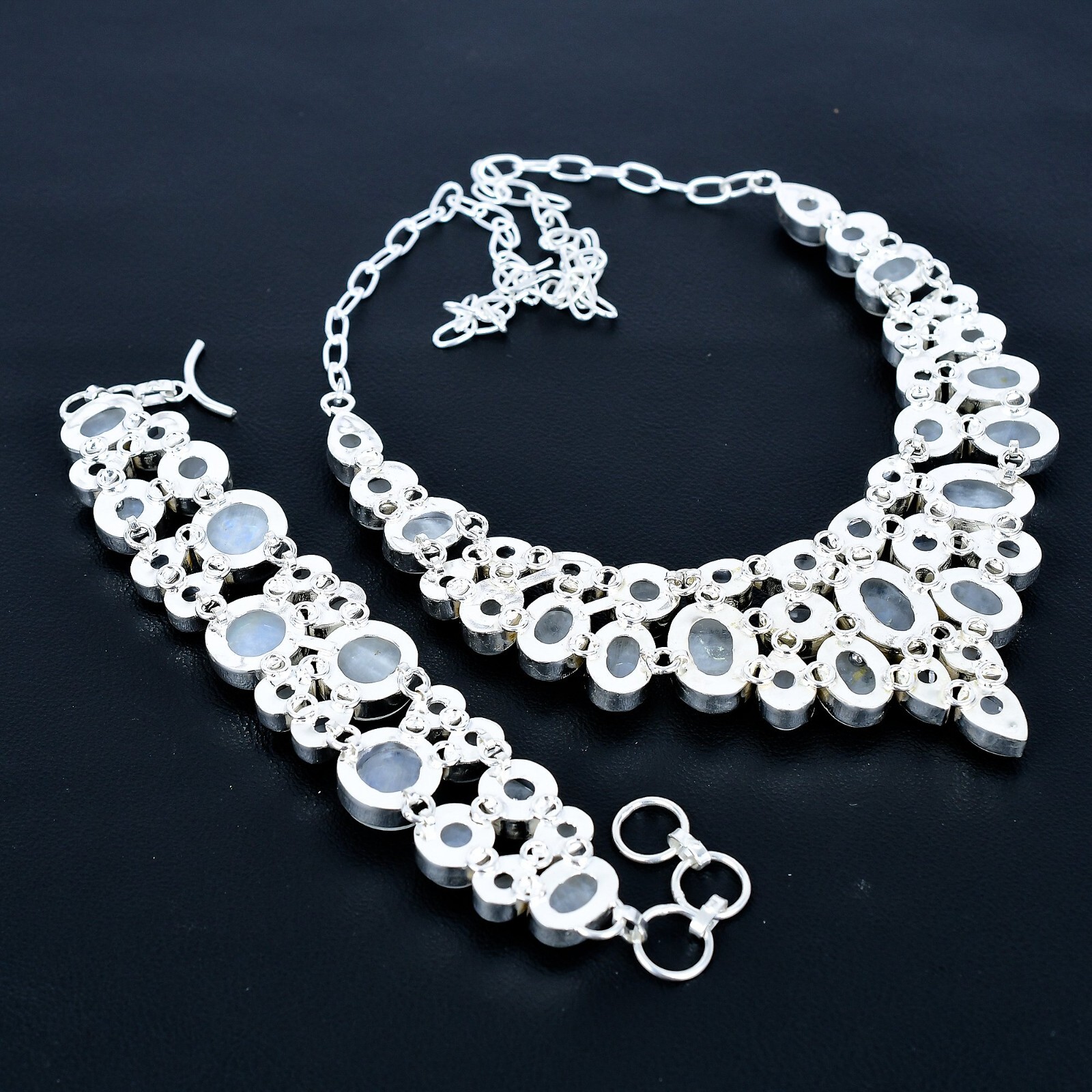 Rainbow Moonstone Gemstone Ethnic Handmade Big Necklace+Bracelet Jewelry KK-002