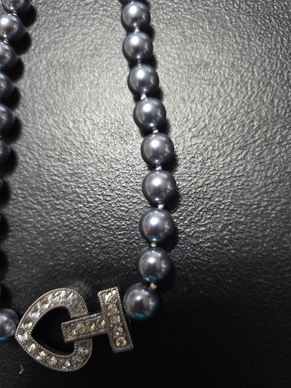 Bloomingdales Hematite Pearl Necklace W/interlocking Rhinestone Studded Omega…