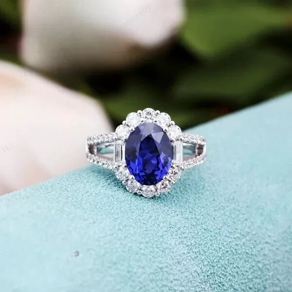 3.60 Ct Natural Blue Sapphire Diamond Wedding Ring 14K Solid White Gold Size 5.5