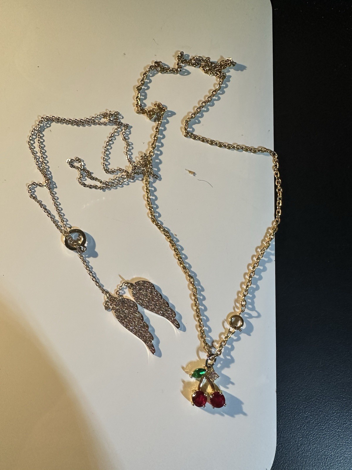 Lot of 2 Crystal Rhinestone Angel Wing Pendant Necklaces, Silver & Gold Tone