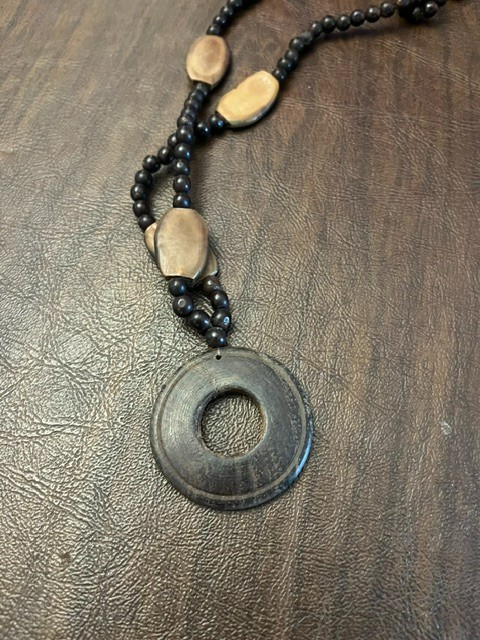 Handmade Zambia Wood Bead Necklace Donut Pendant African Tribal Boho