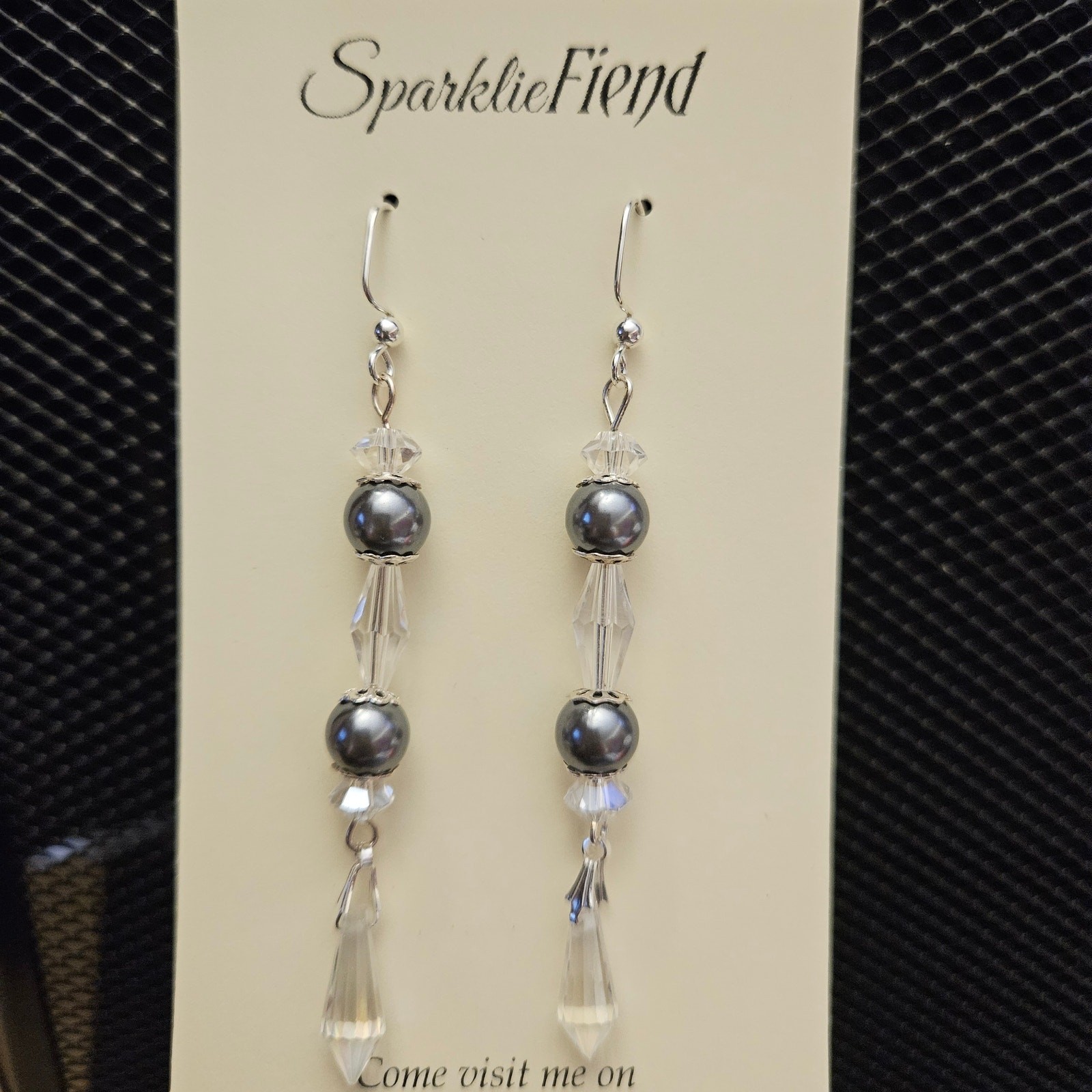 Gray faux pearl and clear faceted glass crystal dangle earrings