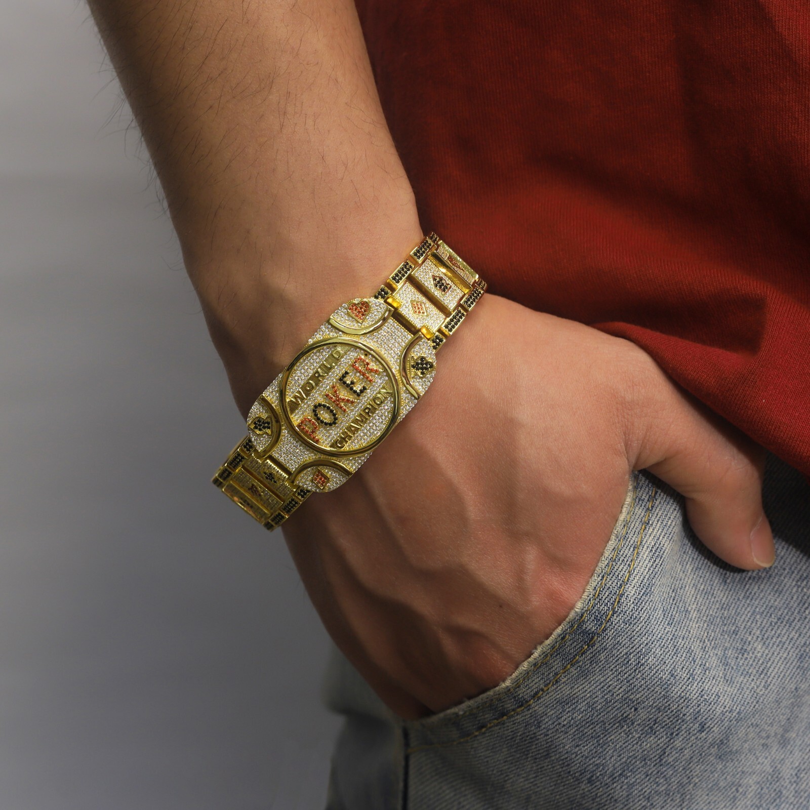 Wold Poker Champion Bracelet Brass Iced 8.5″ Simulated Diamond Gold Plated Bling