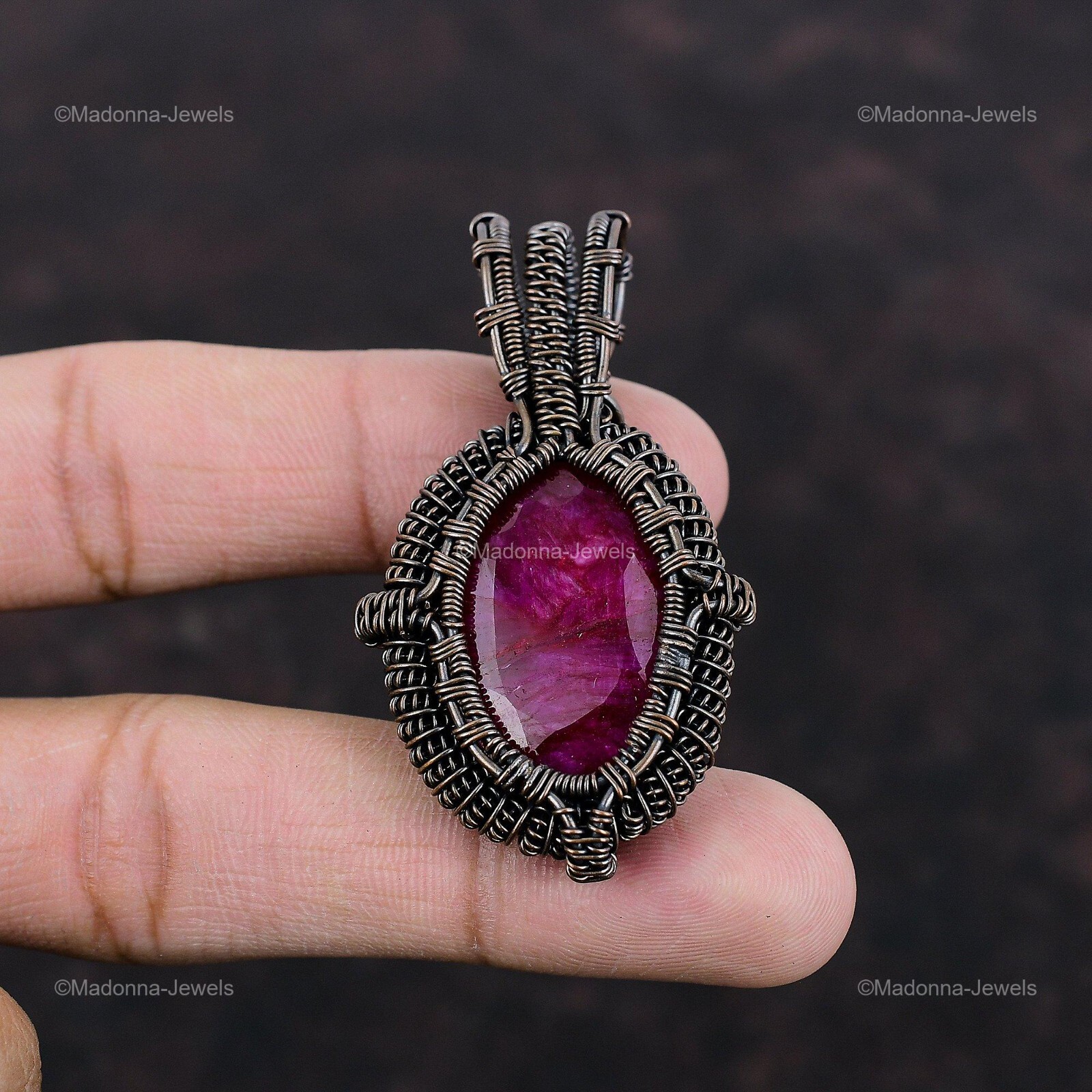 Natural Kashmir Rubi Copper Engagement Daughter Anniversary Wire Wrapped Pendant