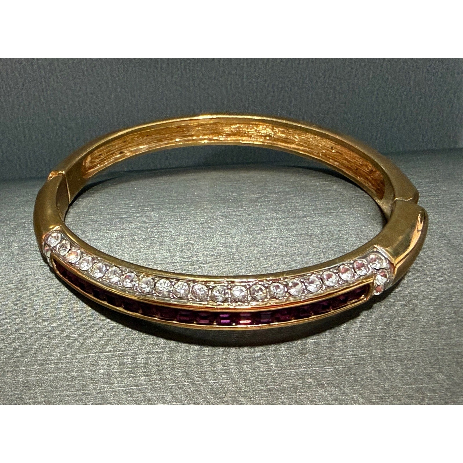 Vintage Purple Clear Crystal Hinged Bangle Bracelet Rhinestone Pave Gold Tone