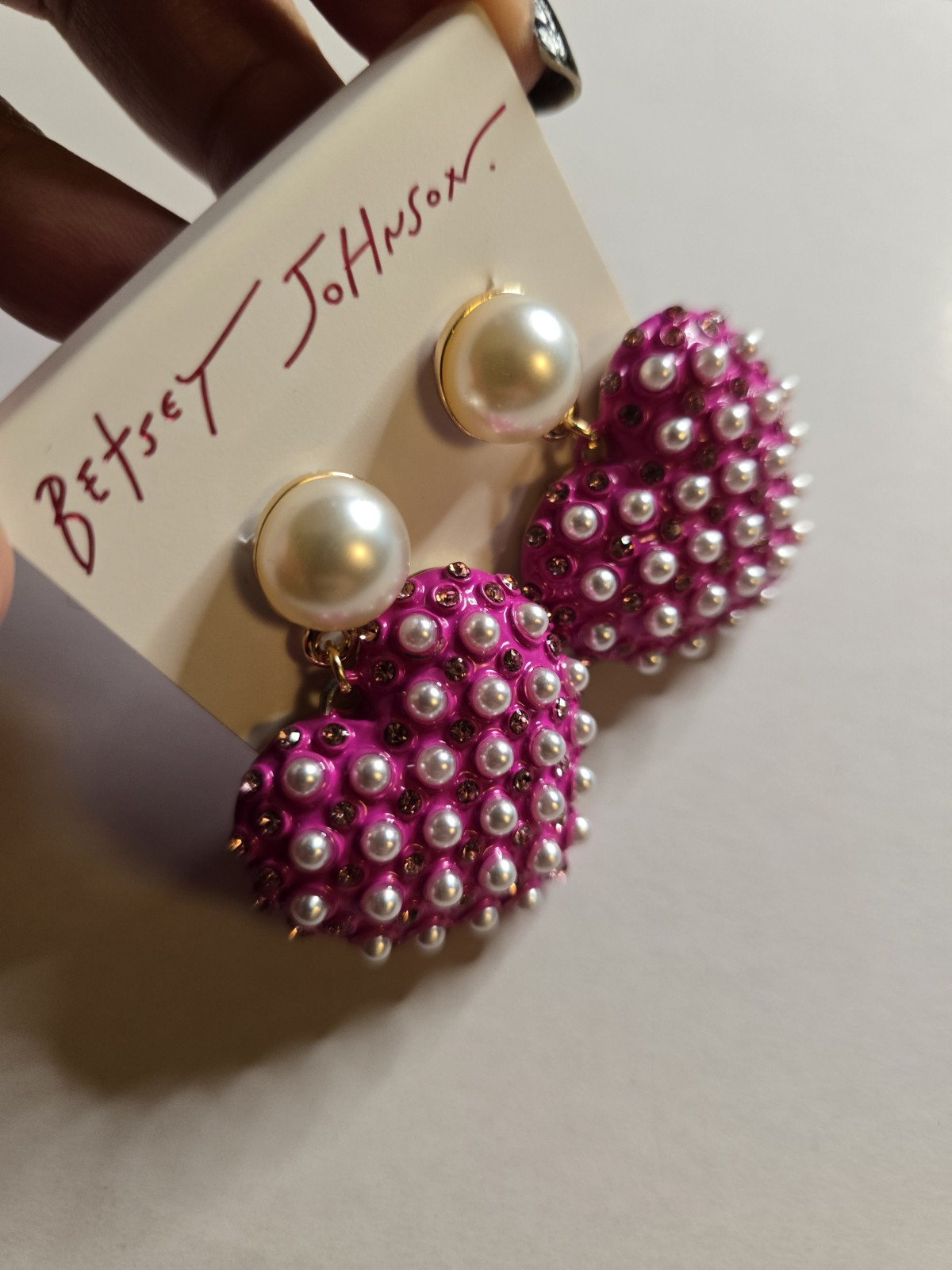 BETSEY JOHNSON Pink Heart Shape Drop Earrings With Pearl Accents