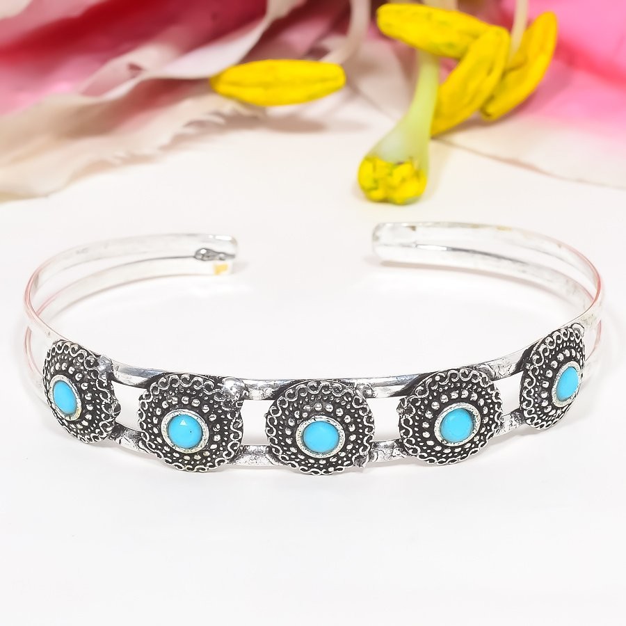 Nice 925 Sterling Silver Natural Sleeping Turquiose Gemstone Cuff Adjustable