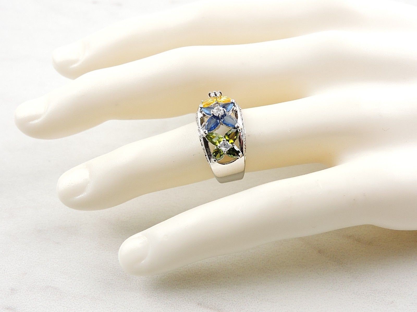 Sterling Silver 3.45 cttw Yellow, Blue And Green Pear Cut Cubic Zirconia Ring