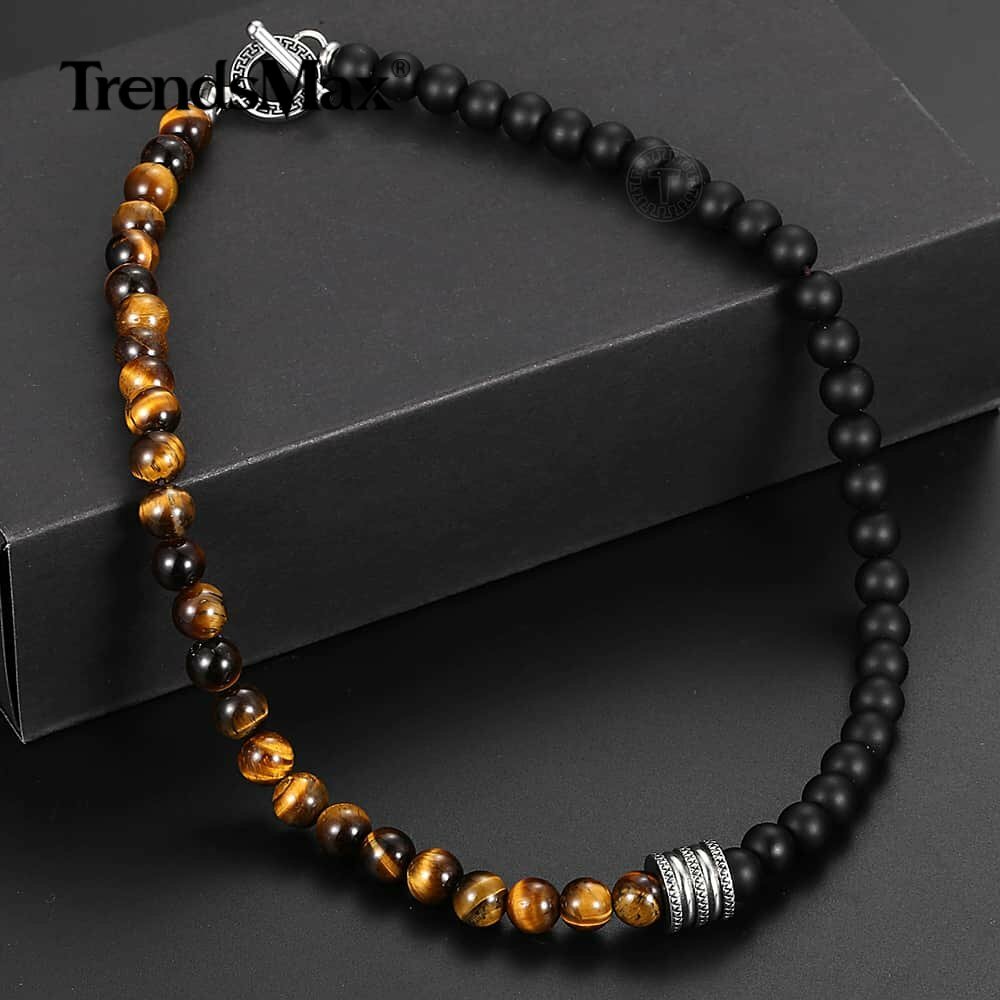 Natural Tiger Eyes Jasper Beaded Necklace for Unisex Stainless Steel Charm Xmas