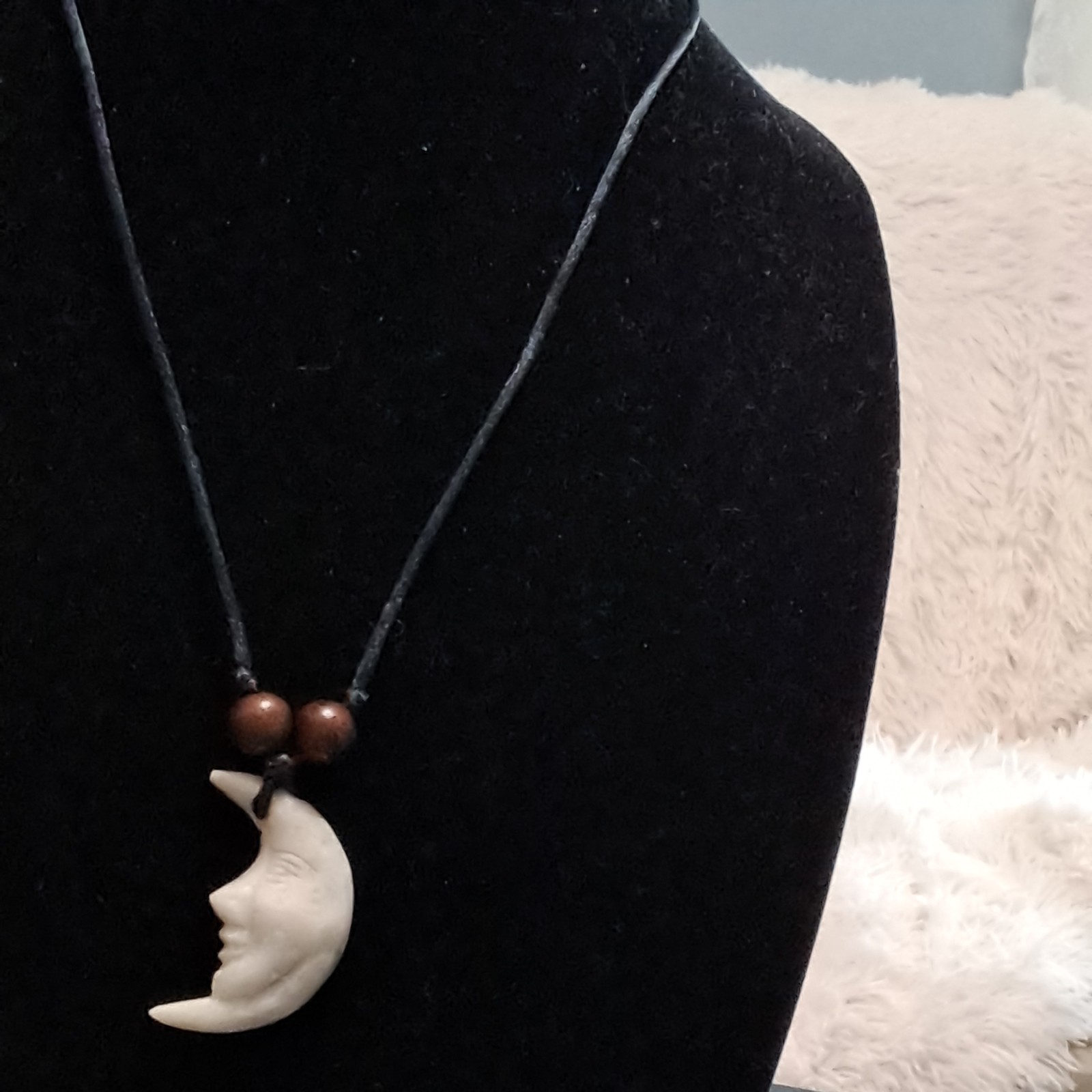 WHITE UNISEX HALF MOON FACE MAN IN THE MOON ON SATIN BLACK OVER HEAD CORD #15