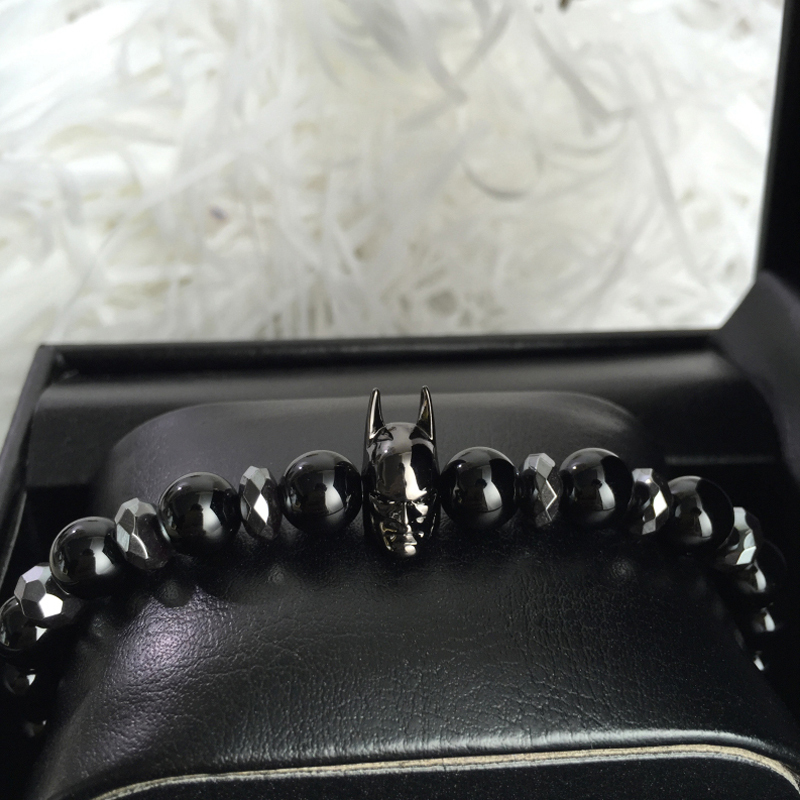 Charm Black Batman Bracelet Men 8mm Black Natural Onyx Round Male Bead Bracelets