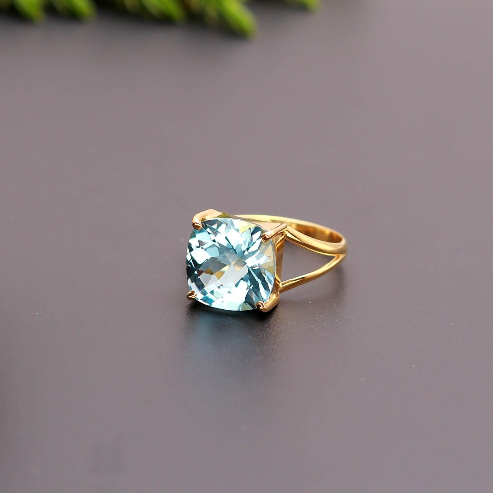Natural Sky Blue Topaz Cushion Ring 925 Sterling Silver Gold Filled Jewelry