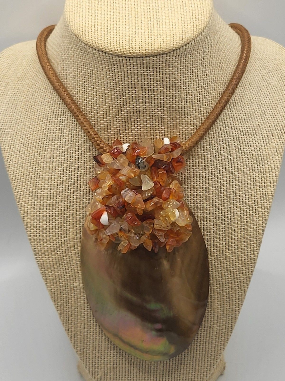 Artisan Iridescent Large Abalone Shell Pendant Corded Necklace Gemstone Chips