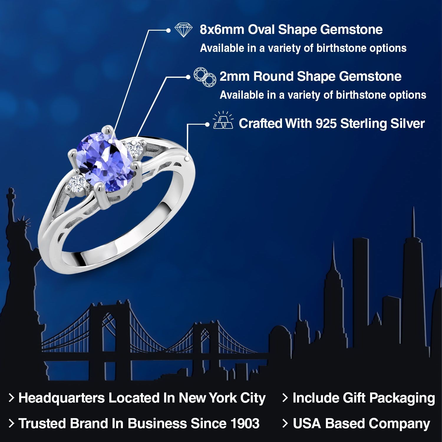 925 Sterling Silver Gemstone Birthstone 3-Stone Engagement Ring for Women |