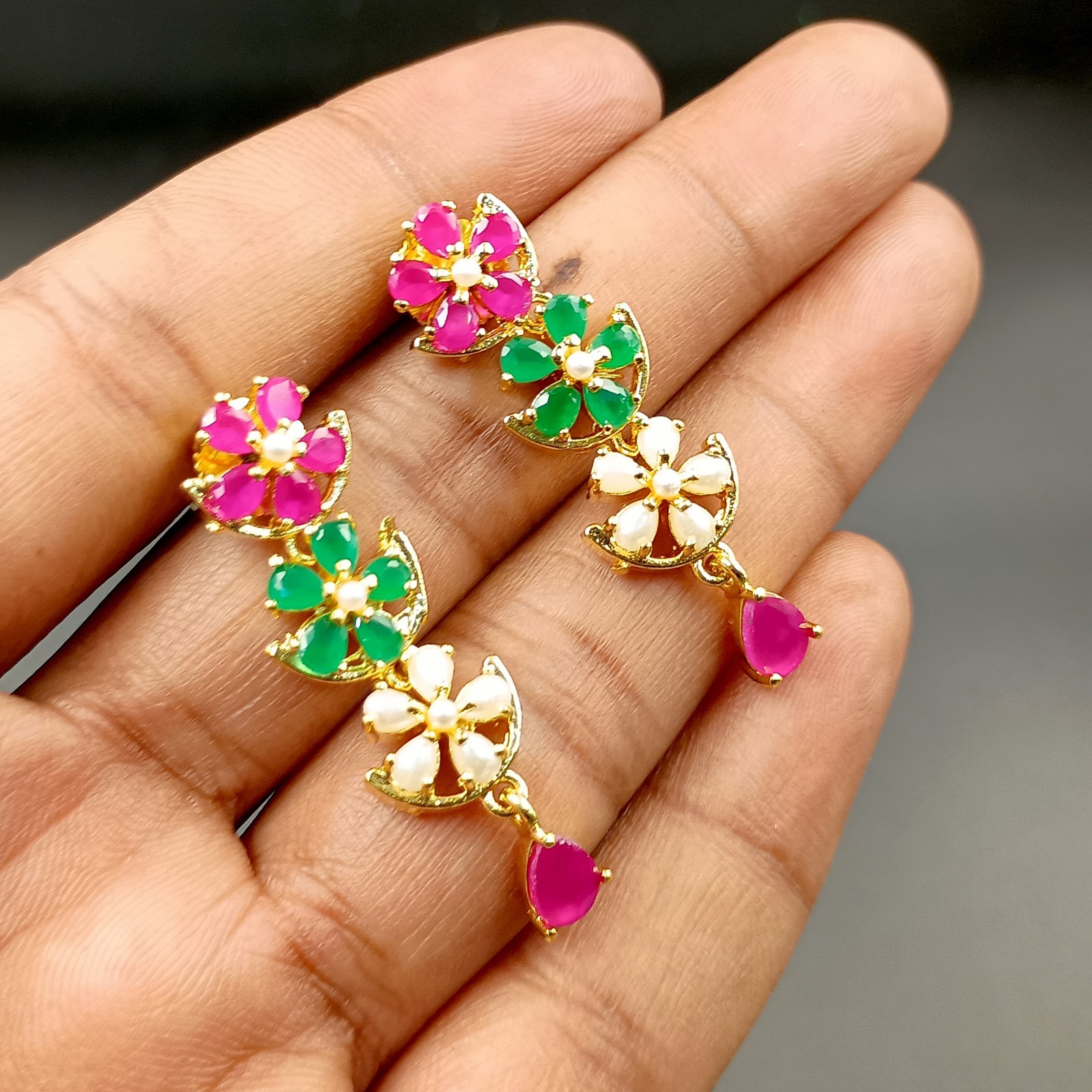 Vintage Flower Ruby Emerald Pearl Jewelry Set 22K Gold Plated Necklace Wedding G