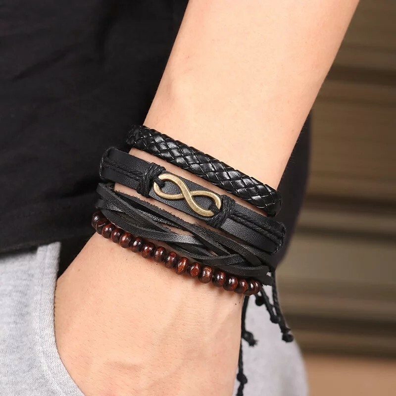 Popular Men’s Cowhide Trendsetter Leather Bracelet Alloy Infinity Wood Bead PU
