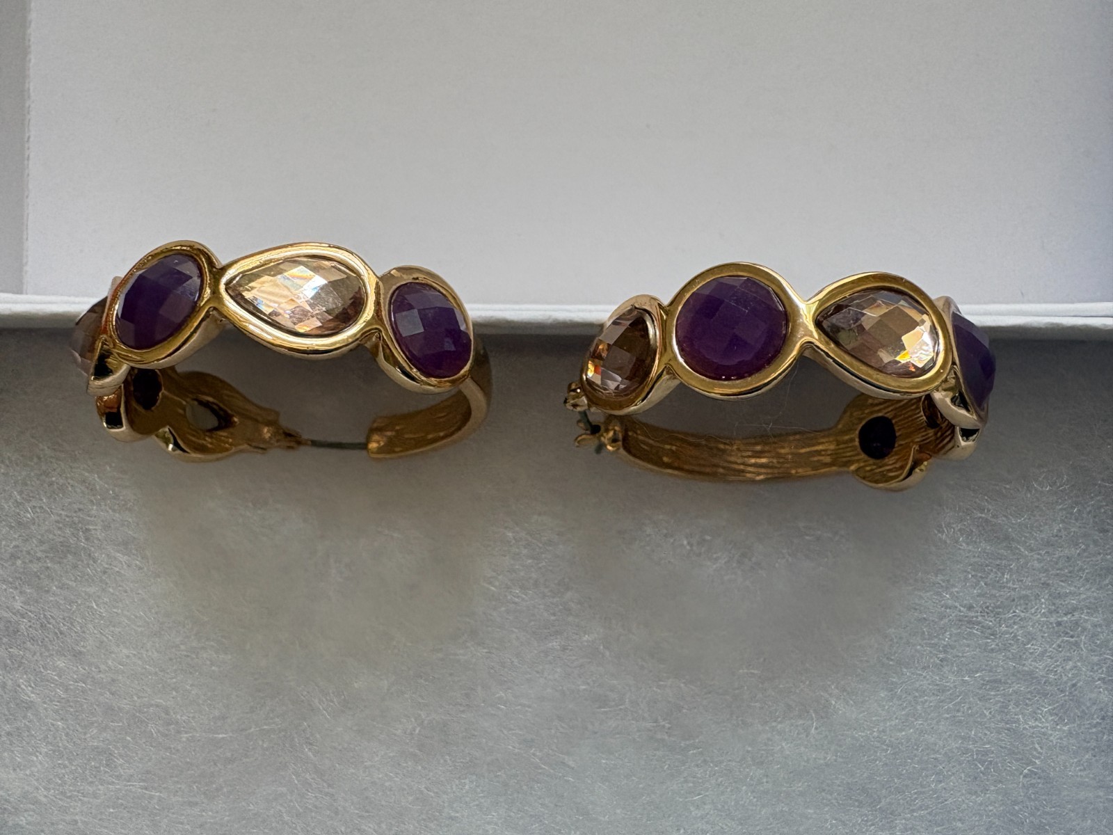 Gold Tone Pierced Hoop Earrings with Purple and Clear Stones 4″