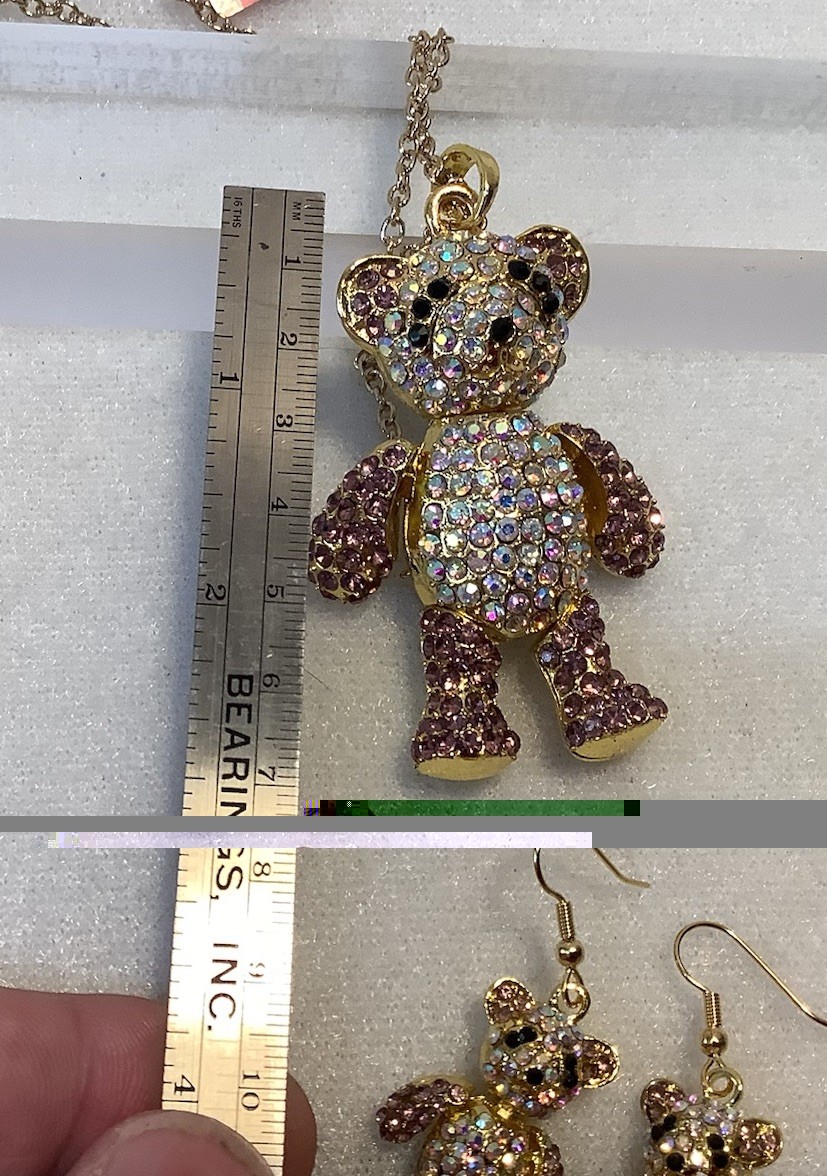 Adorable Gold Tone & Pink Rhinestone Articulated Teddy Bear Necklace & Earrings