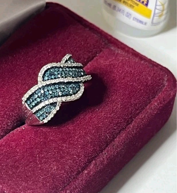 Silver Tone Blue & Clear Crystal Pavé Wave Band Ring, Size 7