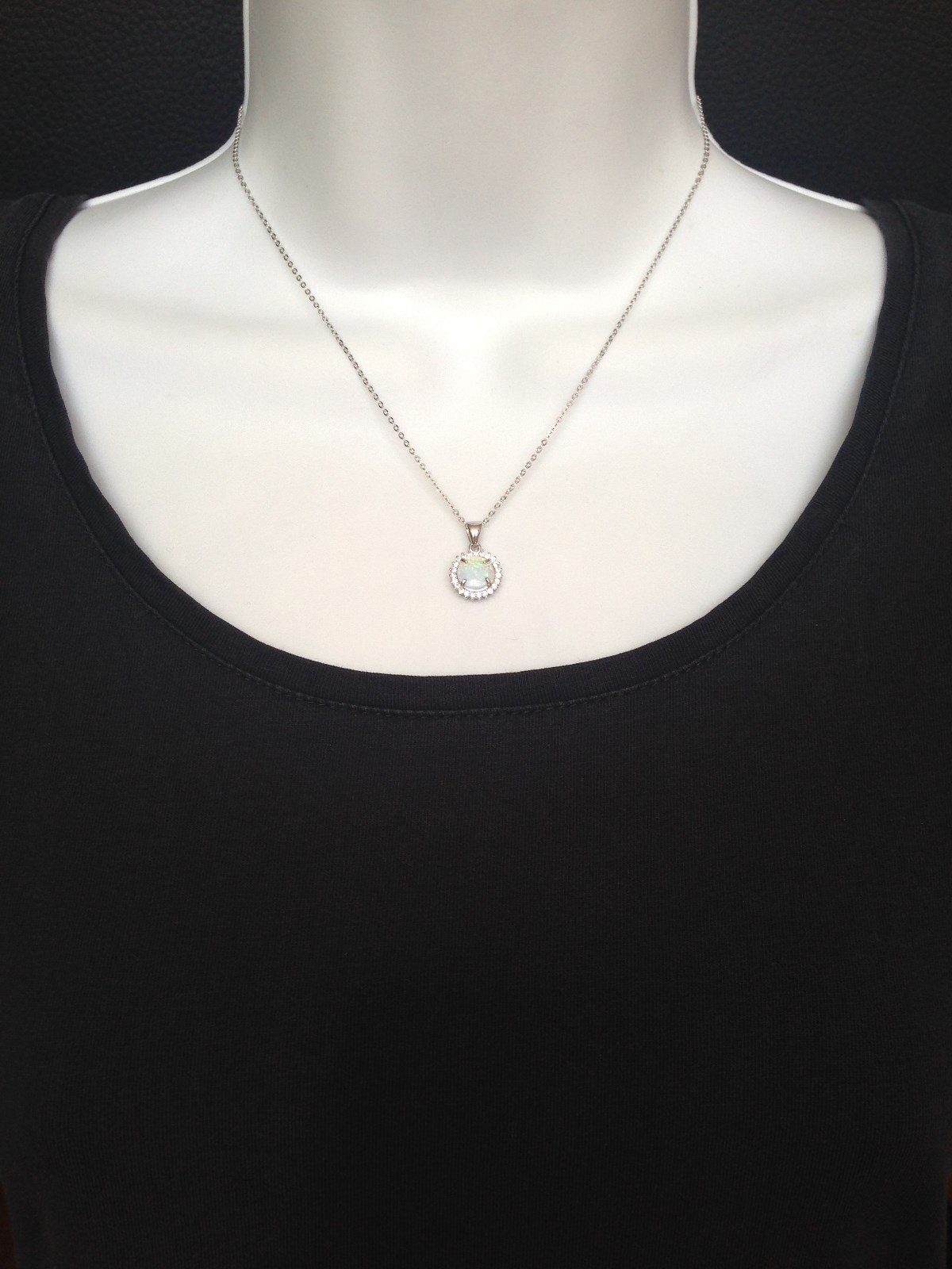 925 Sterling Silver White Opal Halo Pendant Necklace Cz 10mm 16-18″ Simulated