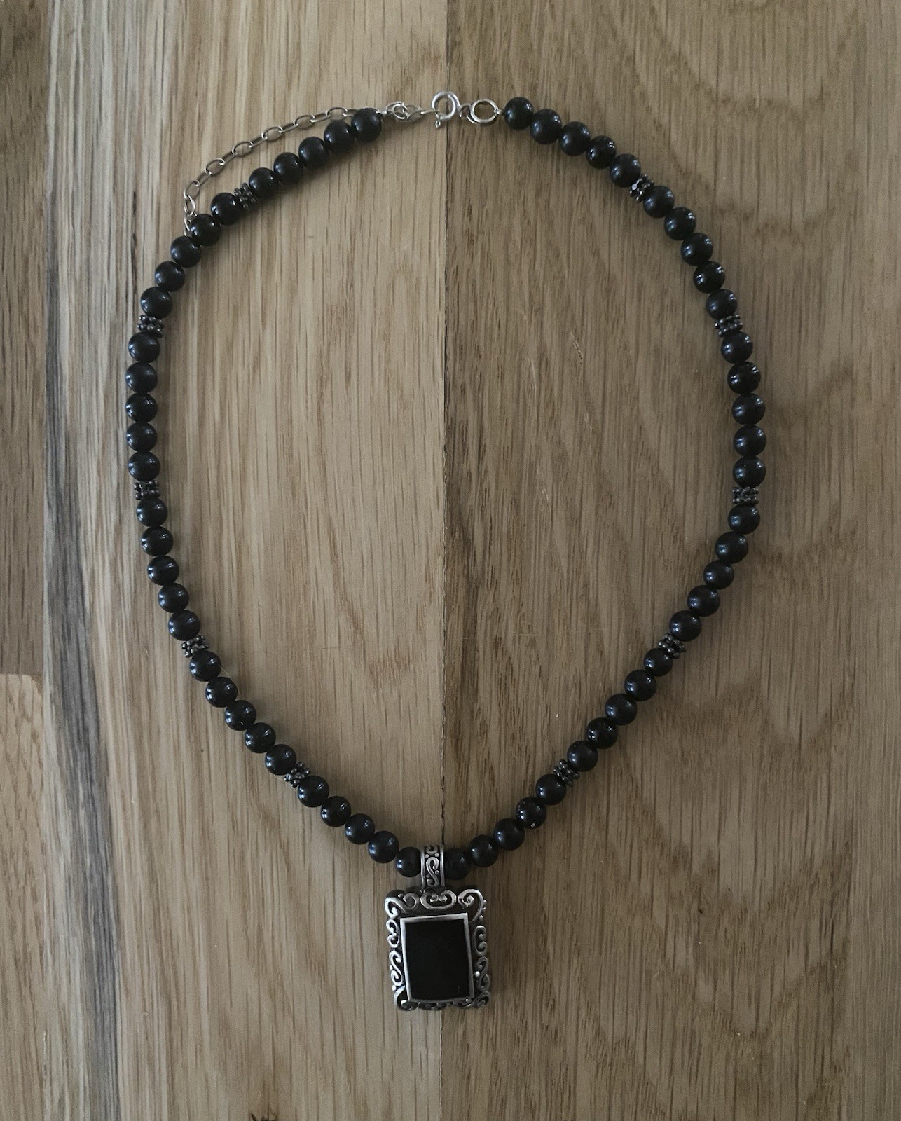 Black Onyx 925 Sterling Silver Beaded Necklace Rectangular Pendant 16-18” 30g