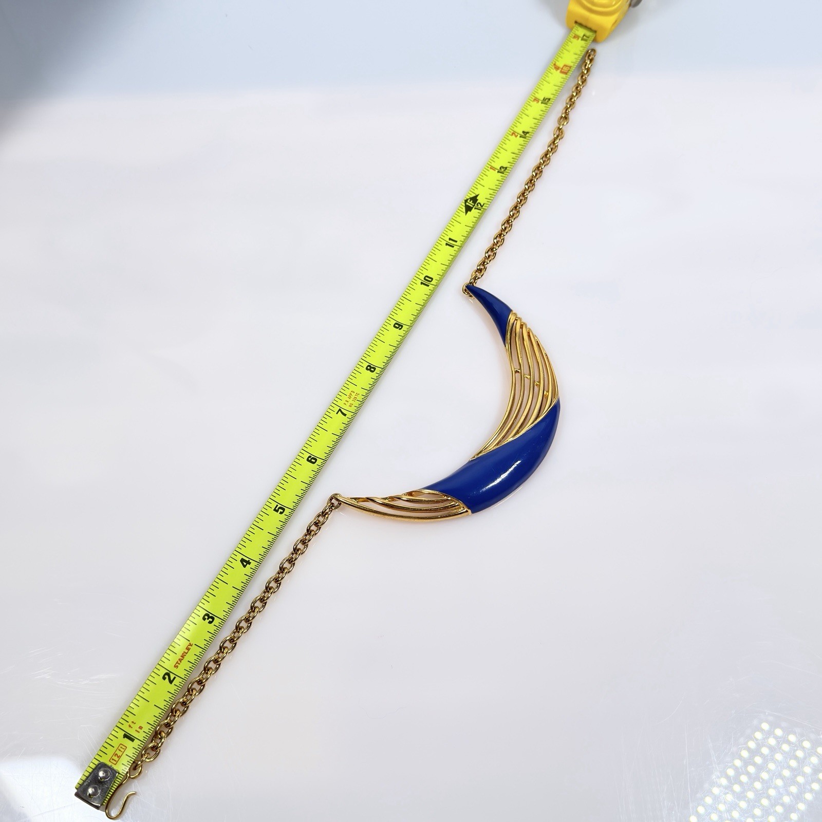 Vintage MONET Necklace Gold Tone Blue Enamel Geometric Collar Statement 17″