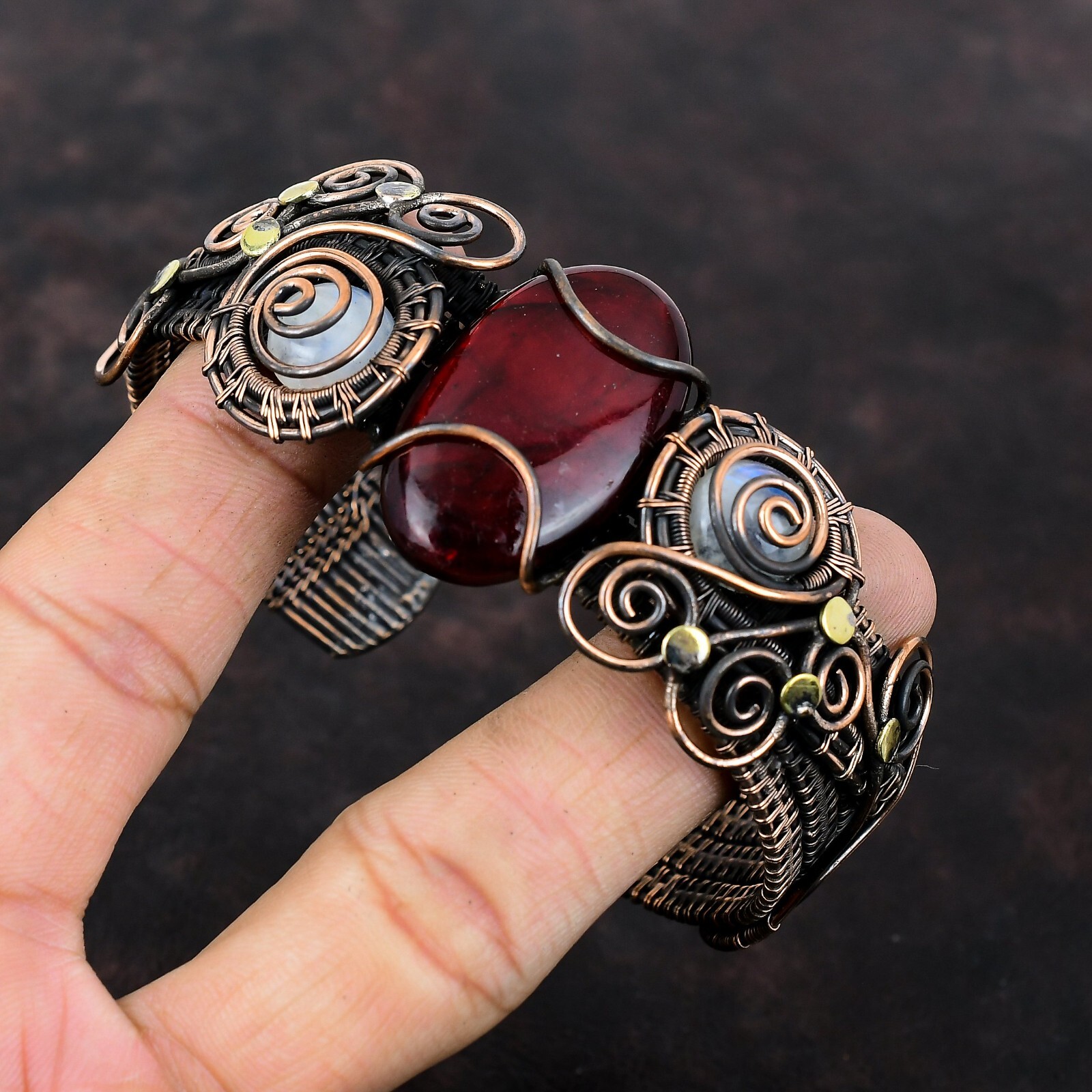 Red Fire Labradorite Copper Bestie Gift Wire Wrapped Adjustable Cuff