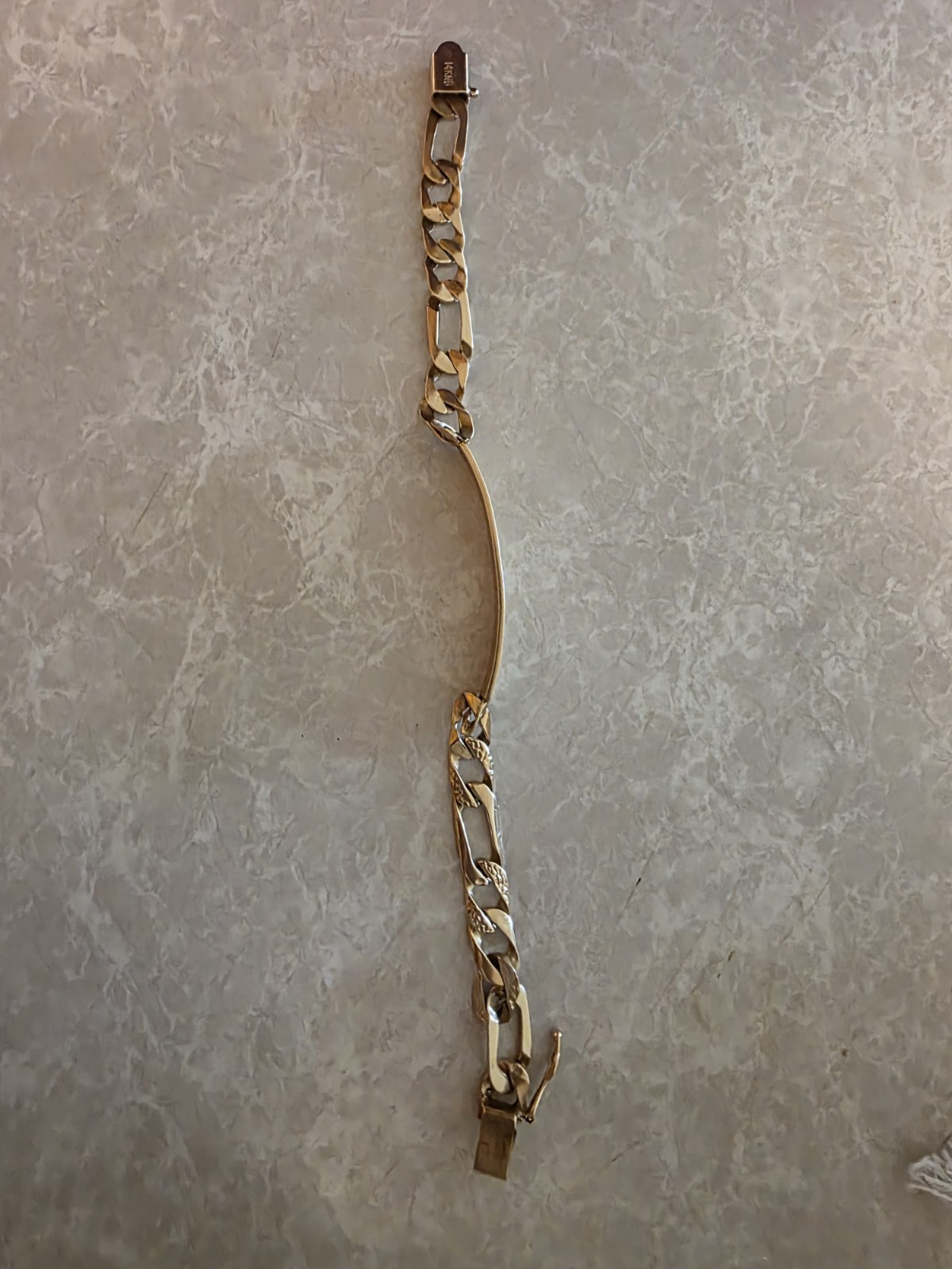 Gold Tone Figaro Chain ID Plate Bracelet, Lobster Clasp, Signed, 12 in