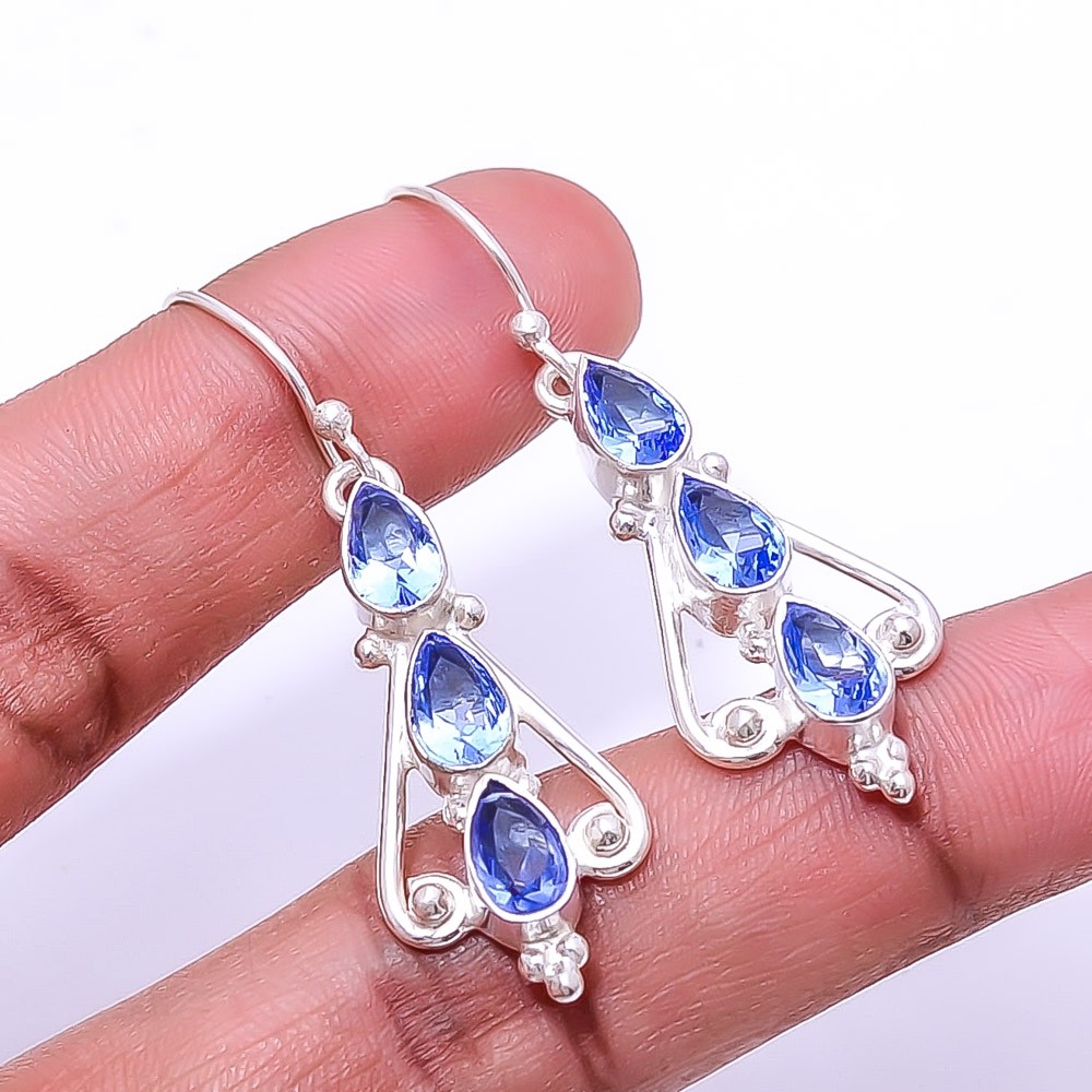 Tanzanite Multi Collet 925 Sterling Silver Earring 1.95″ E32, Christmas Gift
