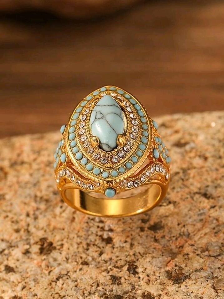 Gold-Plated Zinc Marquise Turquoise And Inlay Ring Size 8