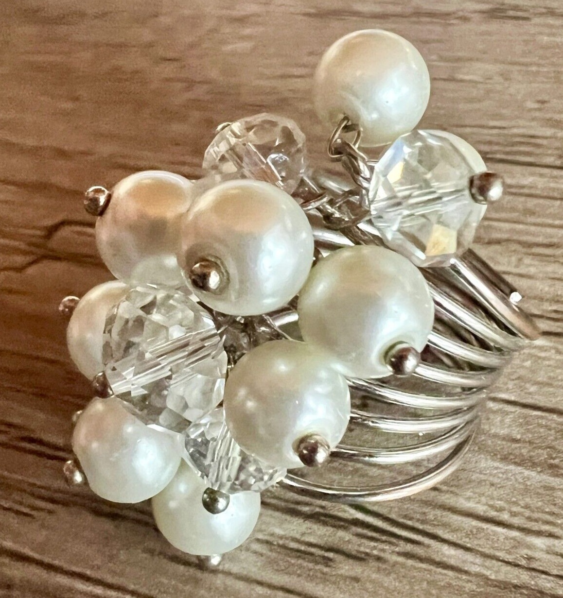 Vintage Faux Pearl & Crystal Cluster Statement Ring Adjustable Multi-Band Unique