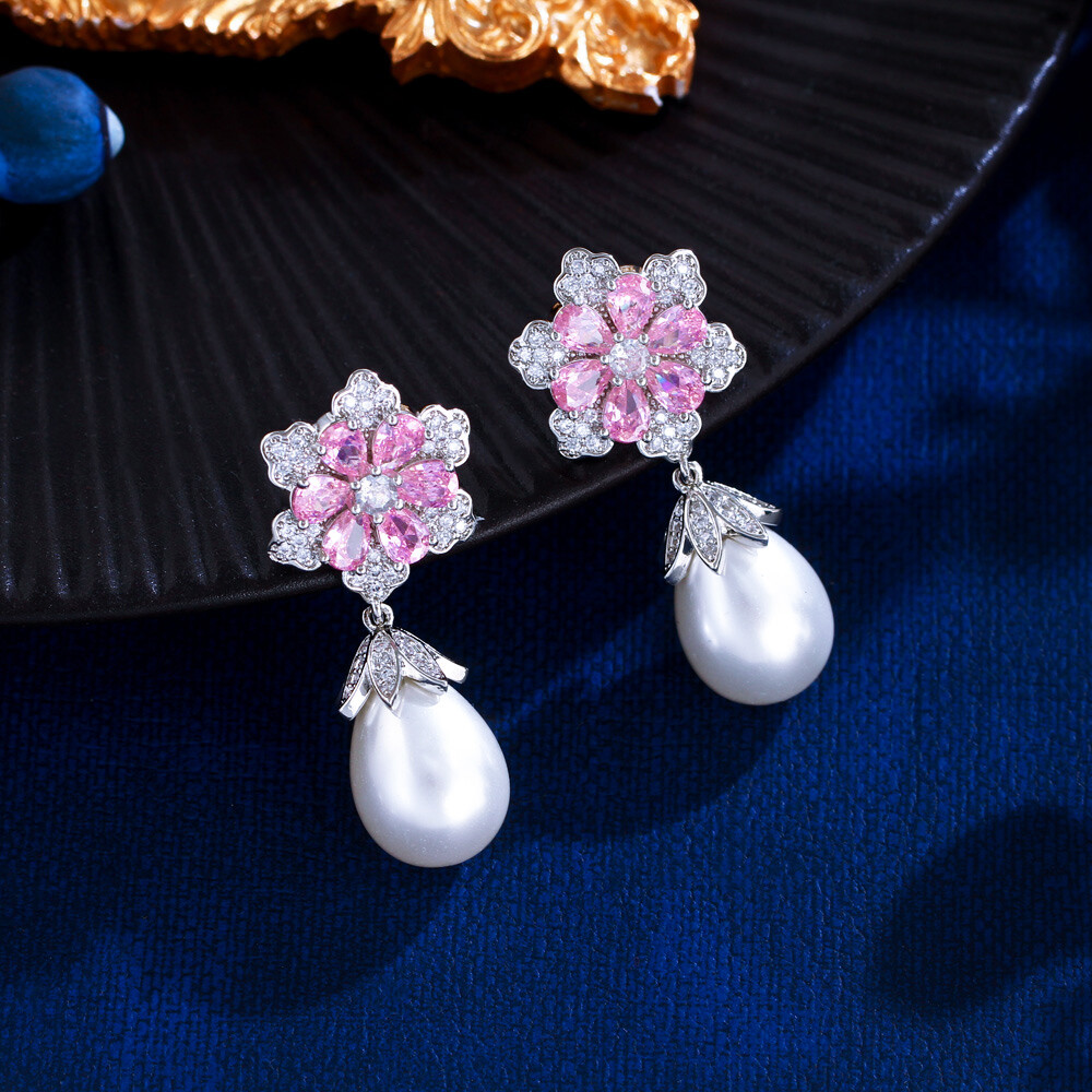 Beauty Silver Plated Cubic Zircon Ladies Pink Flower Pearl Dangle Drop Earrings
