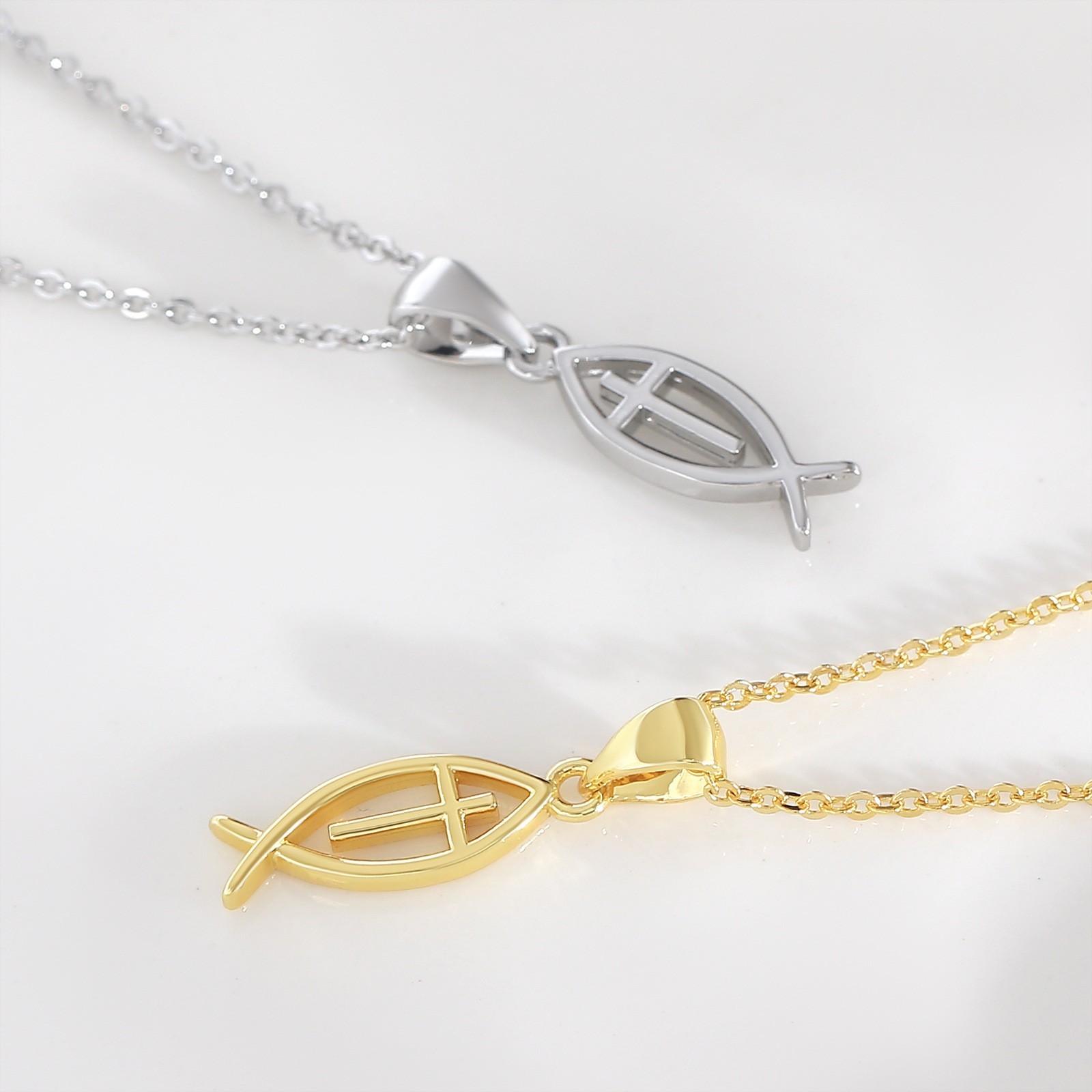 Stainless steel Christian Faith Symbol Fish Hollow Cross Pendant Necklace Gift
