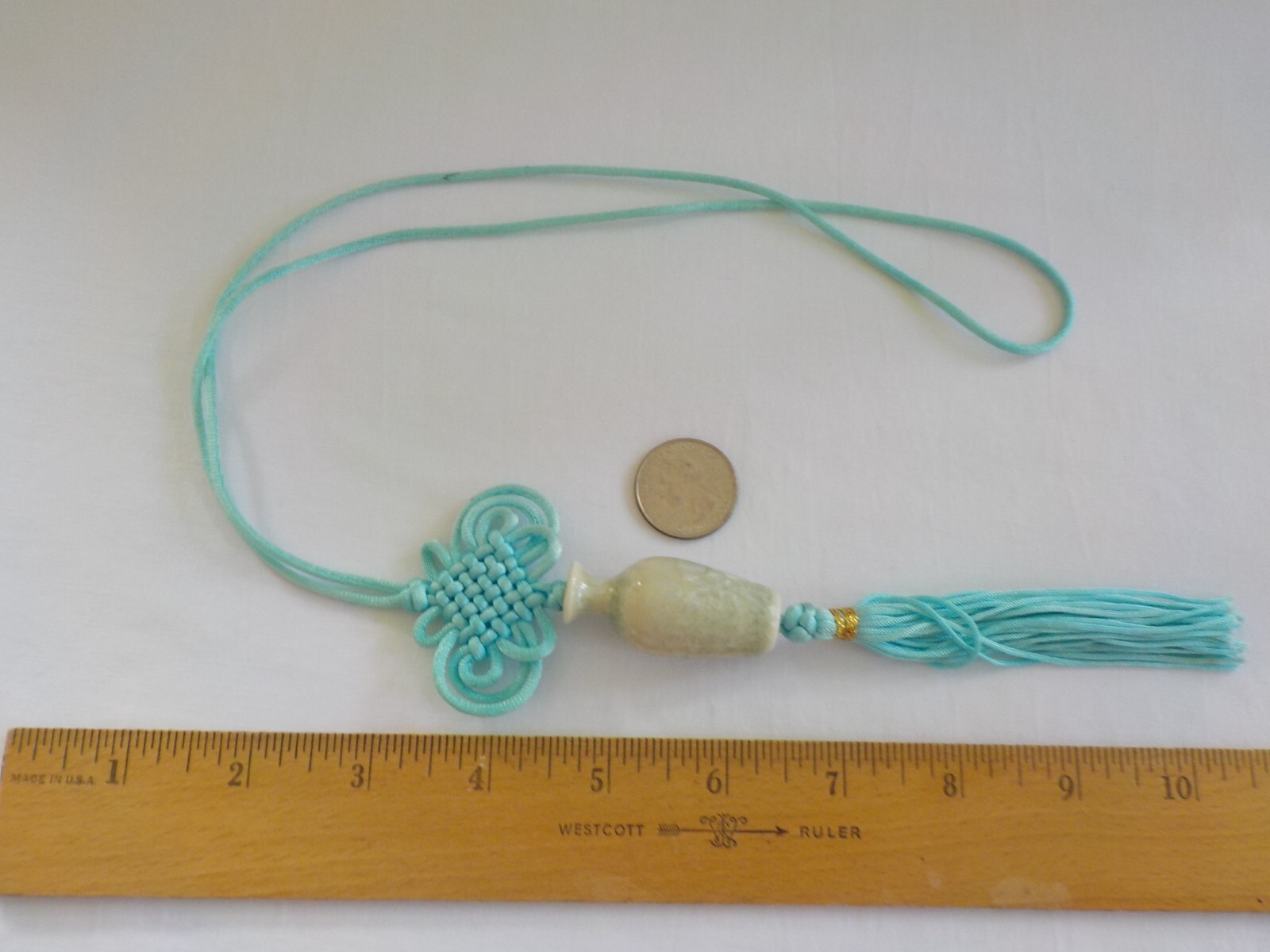 Vase Shape Asian Necklace Cord Woven Tassel Aqua Blue Light Green
