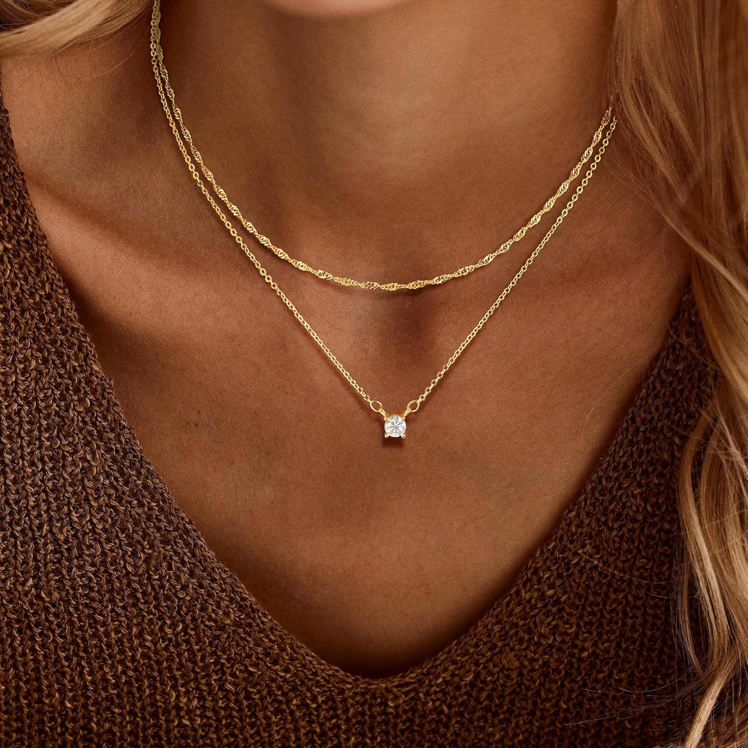 Layered Gold Necklace for Women Trendy 14K Gold Plated Heart CZ Pendant Layered