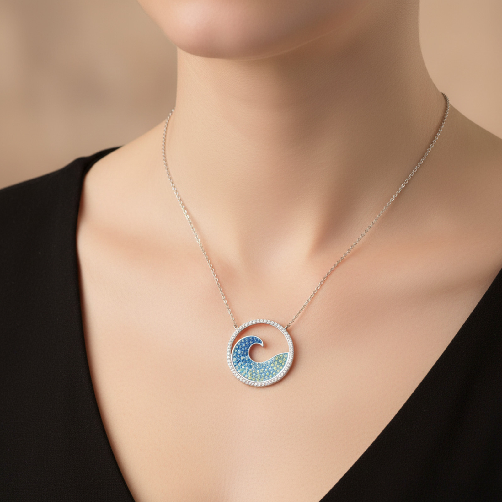 925 Silver Unique Wave Style Ocean Pendant Necklace For Gift 0.70 CT CZ Stone